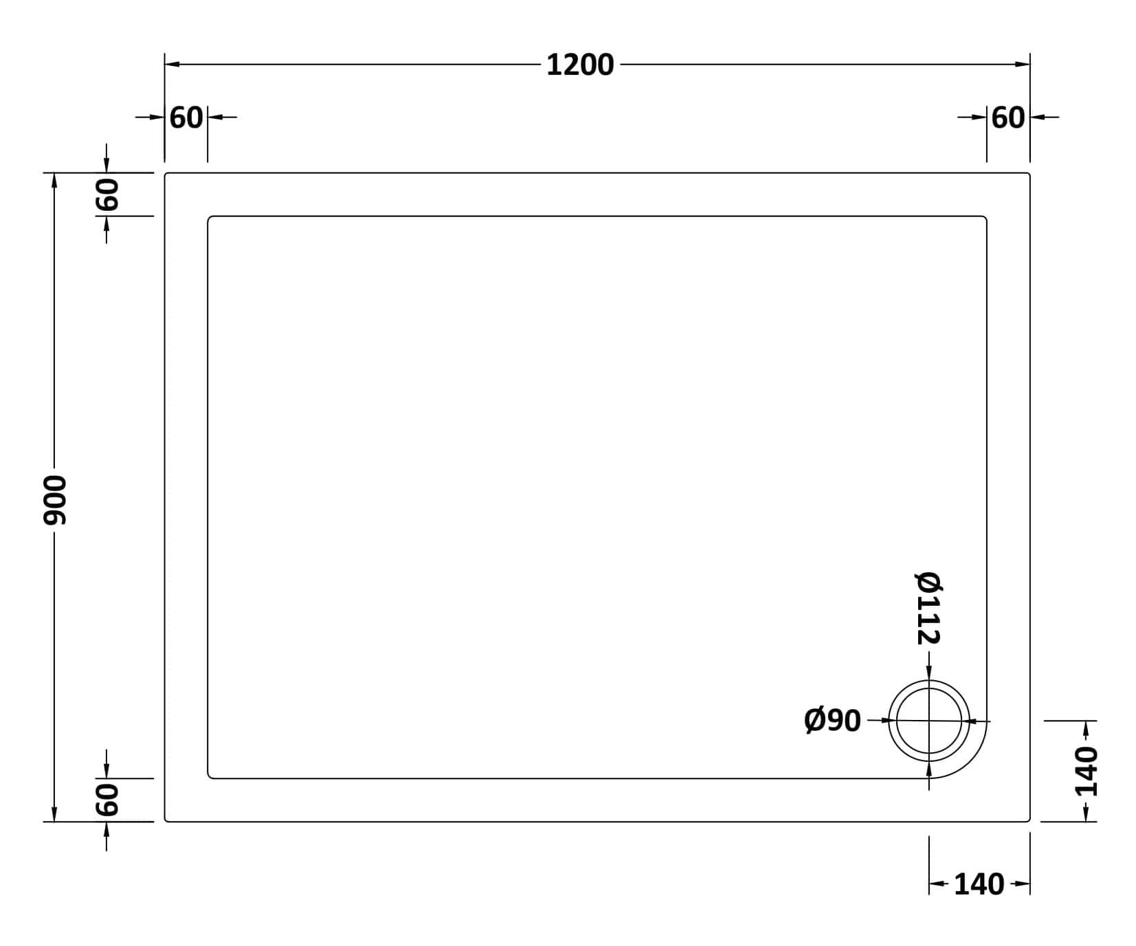 Sleek square white shower tray with dimensions 1200mm x 900mm, featuring a 90mm diameter drain fitting, perfect for modern bathroom renovation and shower enclosure installation.