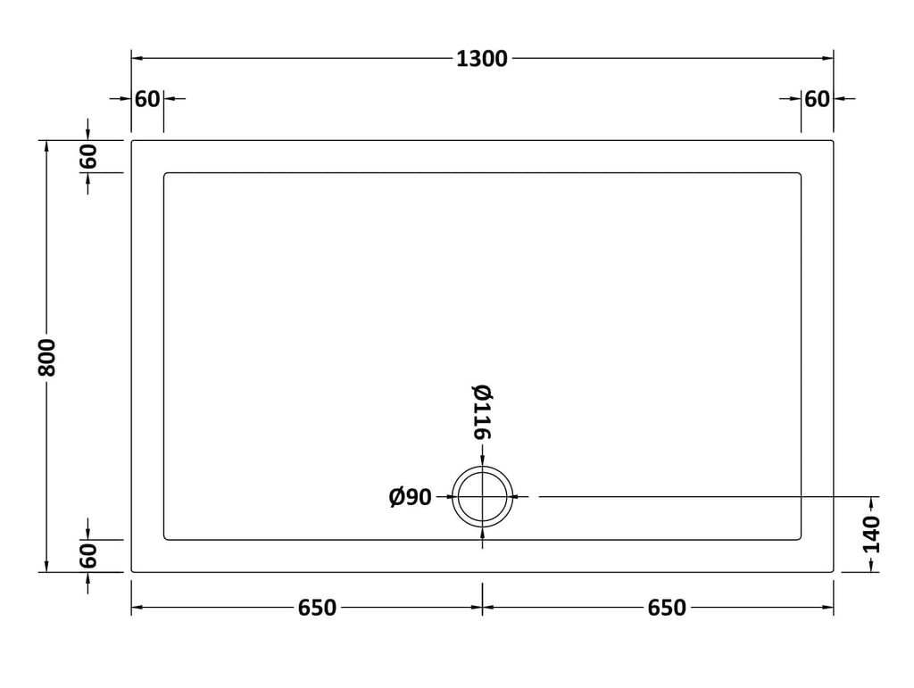 Sleek rectangular bathroom sink with precise dimensions and a centrally located 90mm drain hole, ideal for modern bathroom installations. Designed for durability and style in contemporary bathroom designs.