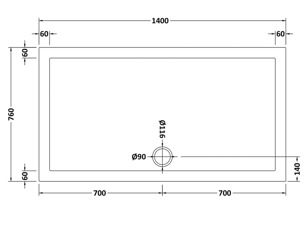 Premium rectangular shower tray dimensioned at 1400mm x 760mm, designed for modern bathroom renovations and easy installation. Crafted with durable materials for long-lasting performance.
