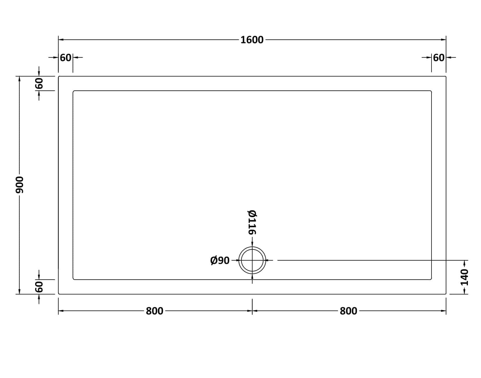 Sleek rectangular bathroom sink with precise dimensions, featuring a central drain hole and modern design, ideal for contemporary bathrooms and bathroom renovations.