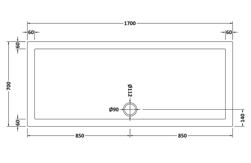 Modern rectangular bathroom sink with precise measurements, ideal for contemporary bathroom designs, featuring a 1700mm length and 700mm width for optimal space utilisation.