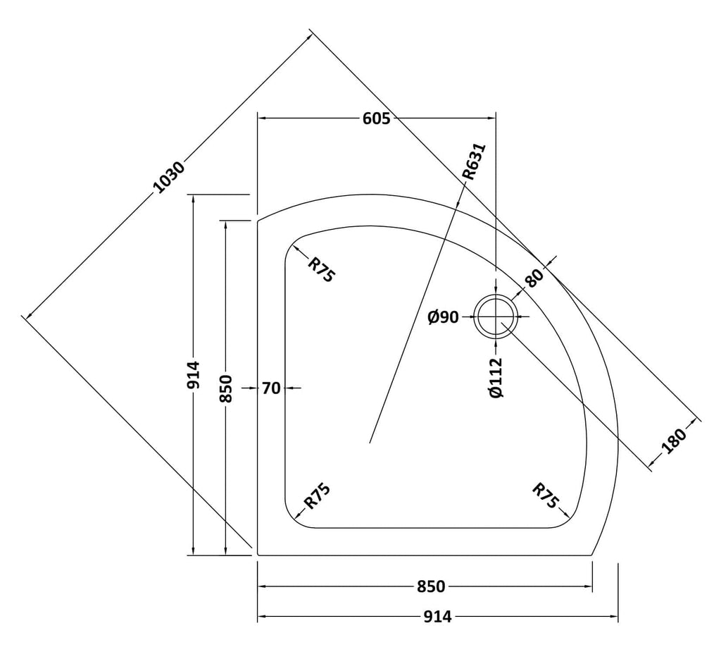 High-quality shower tray technical drawing with detailed measurements for bathroom renovation projects.