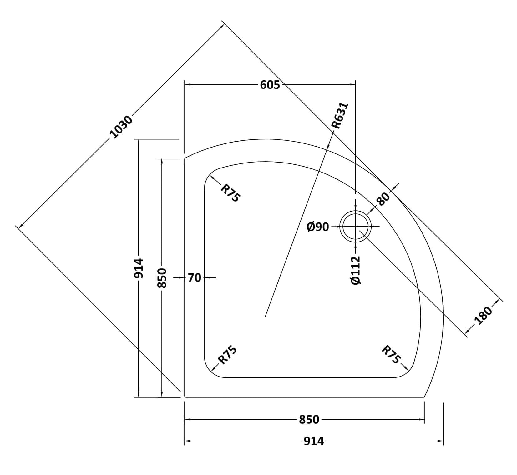 High-quality shower tray technical drawing with detailed measurements for bathroom renovation projects.