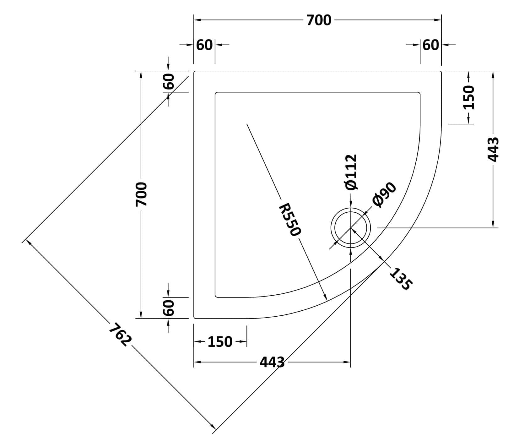 High-quality bathroom shower tray with precise dimensions and drain positioning, ideal for modern bathroom renovations and expert installations.