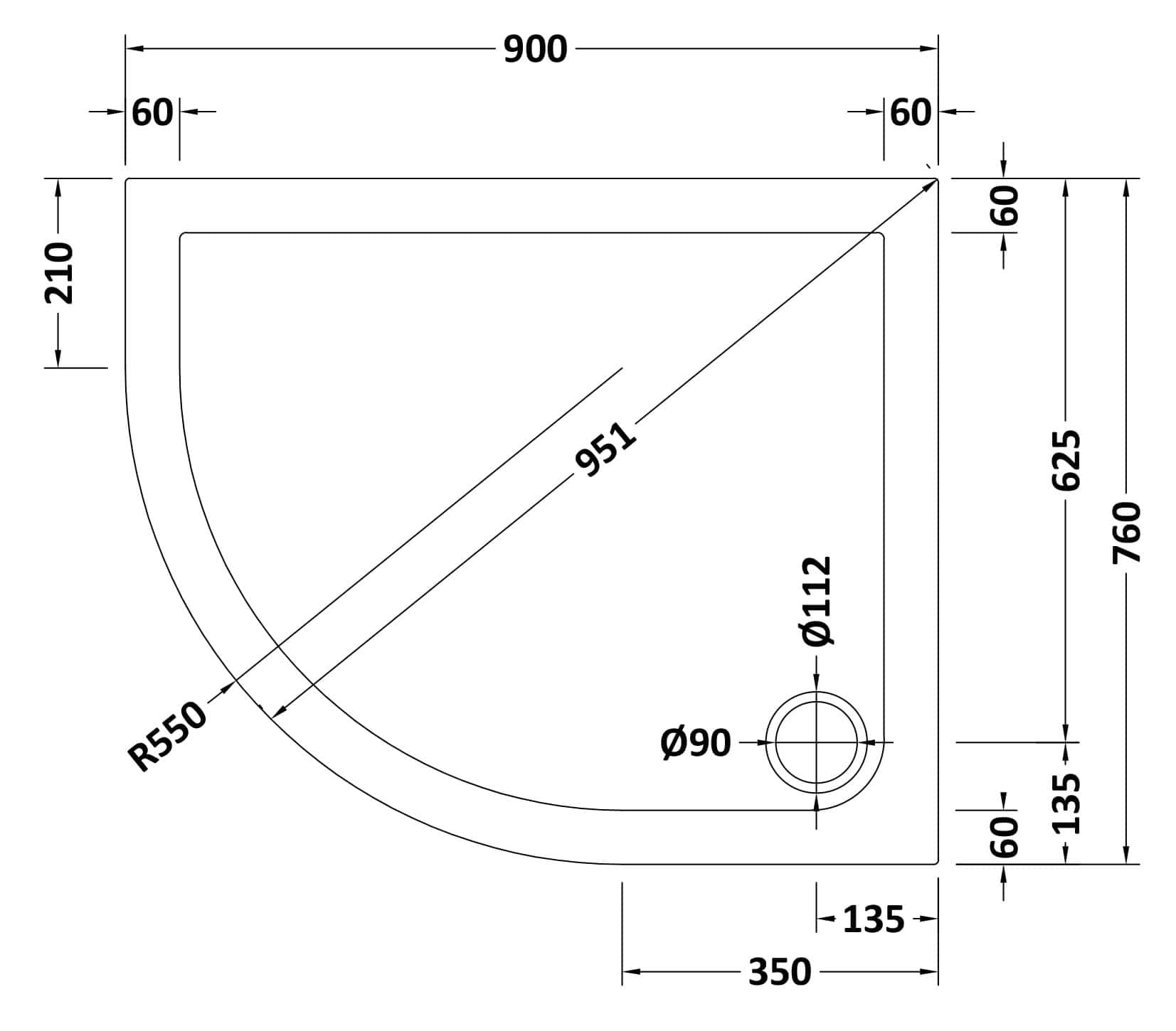 Schematic drawing of a corner shower tray with detailed measurements and dimensions for bathroom renovation.