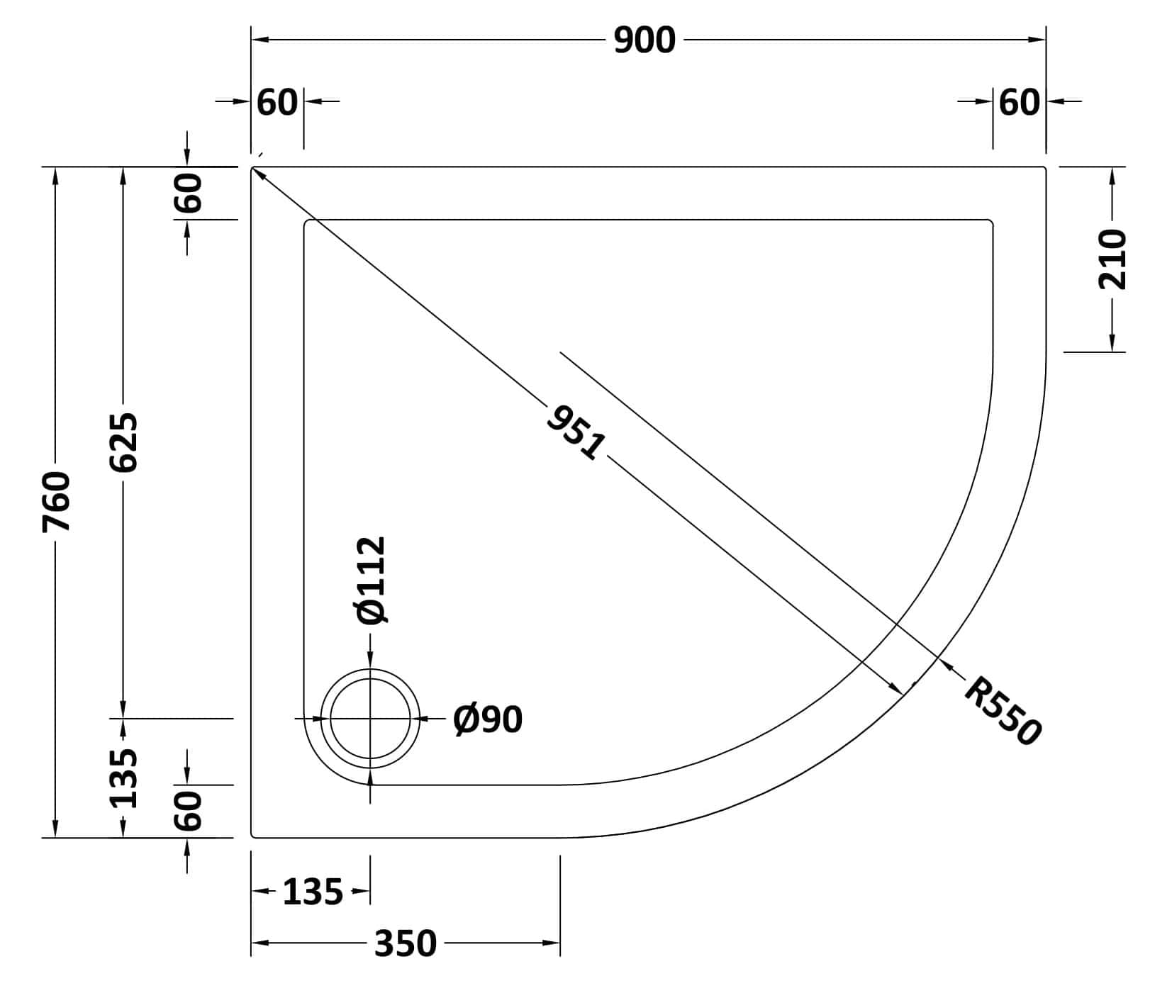 Schematic drawing of a corner shower tray with detailed measurements for bathroom renovation or installation.