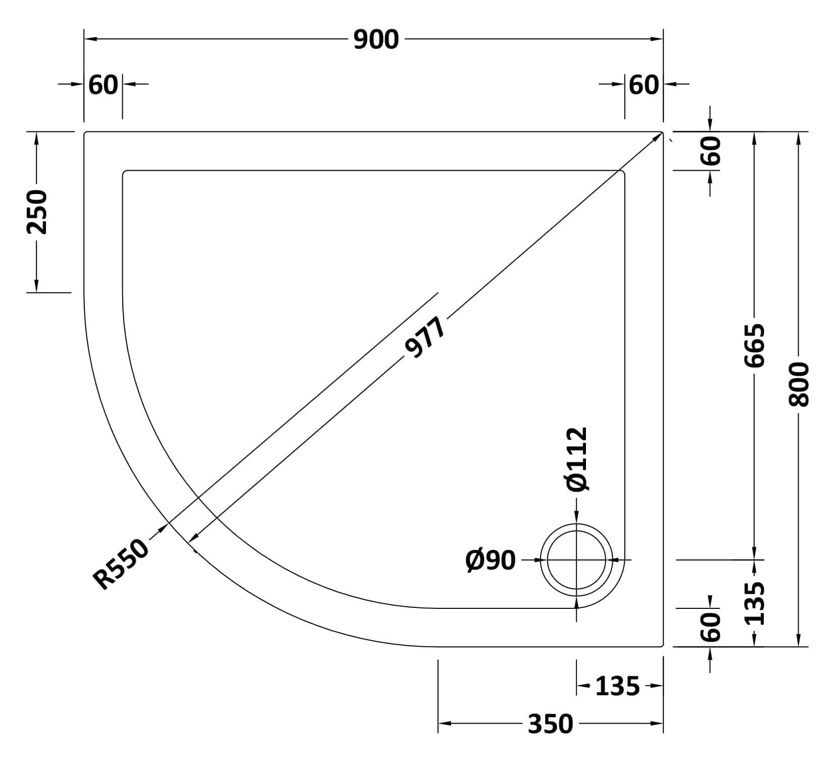 Precision technical drawing of a custom shower tray with dimensions and specifications for high-quality bathroom refurbishment.