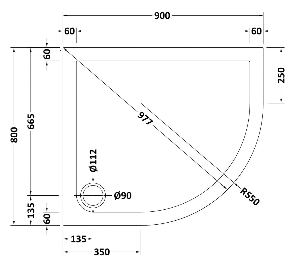 Smooth corner shower tray with precise measurements, ideal for modern bathrooms, featuring detailed technical drawing for easy installation and compatibility with various bathroom layouts.