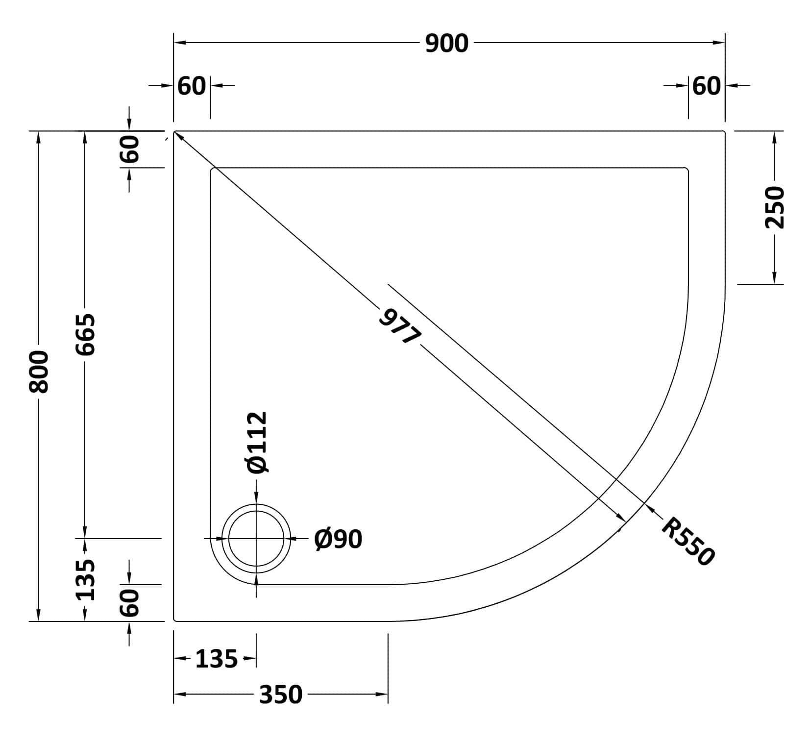 Smooth corner shower tray with precise measurements, ideal for modern bathrooms, featuring detailed technical drawing for easy installation and compatibility with various bathroom layouts.