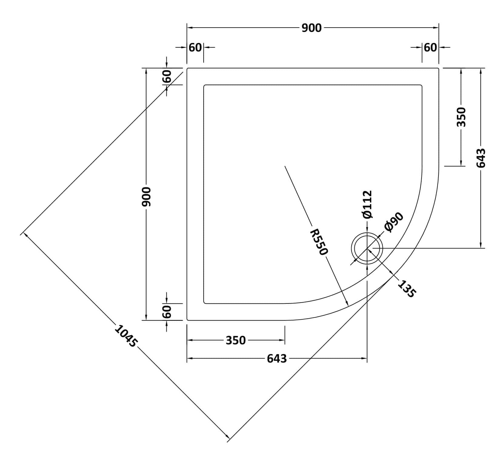 High-quality shower tray with precise dimensions and drainage specifications, ideal for modern bathroom renovations and space-efficient wet room installations.