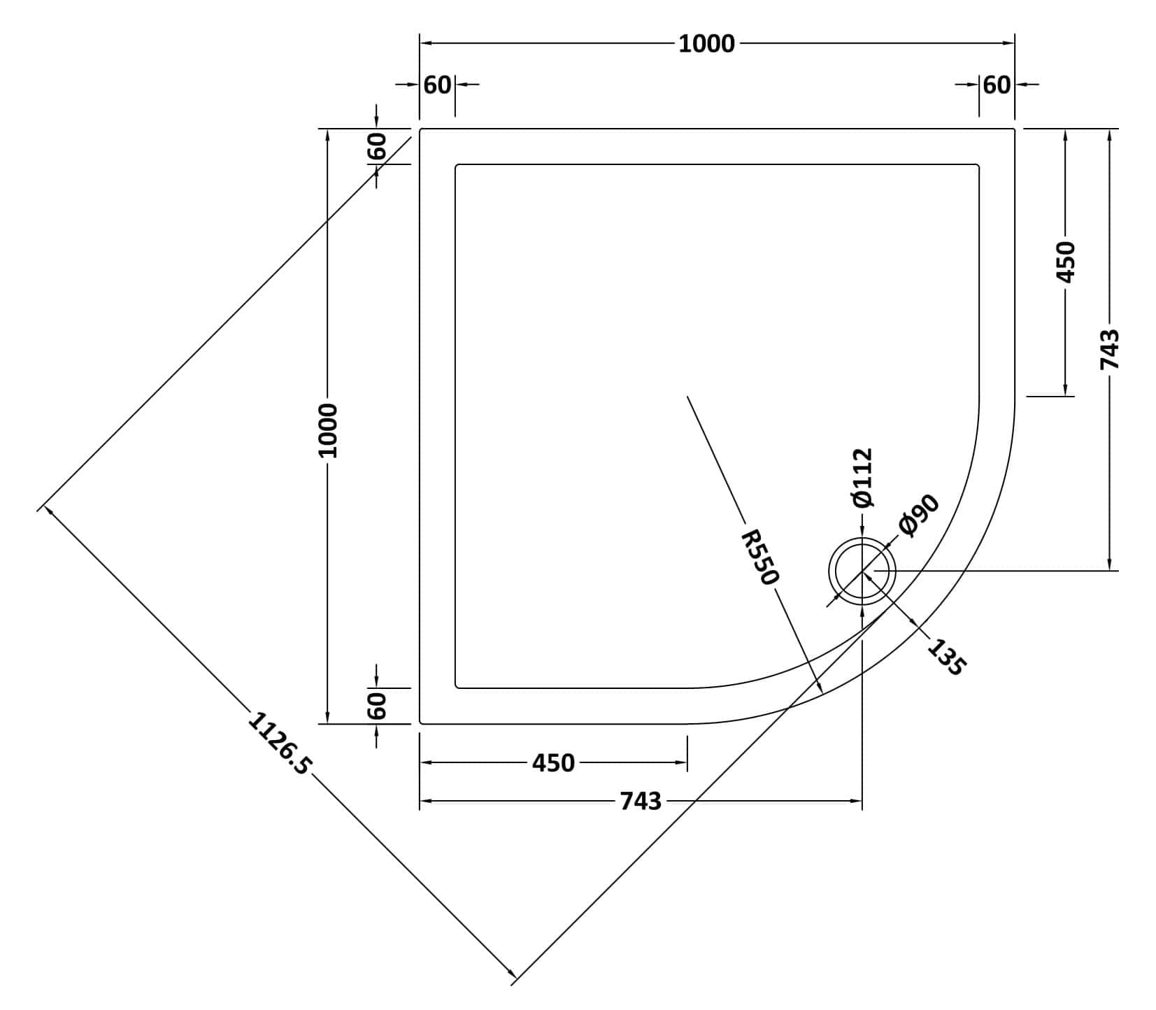 Elegant bathroom shower tray with precise measurements, ideal for modern bathroom renovations, showcasing quality fittings and sleek design.