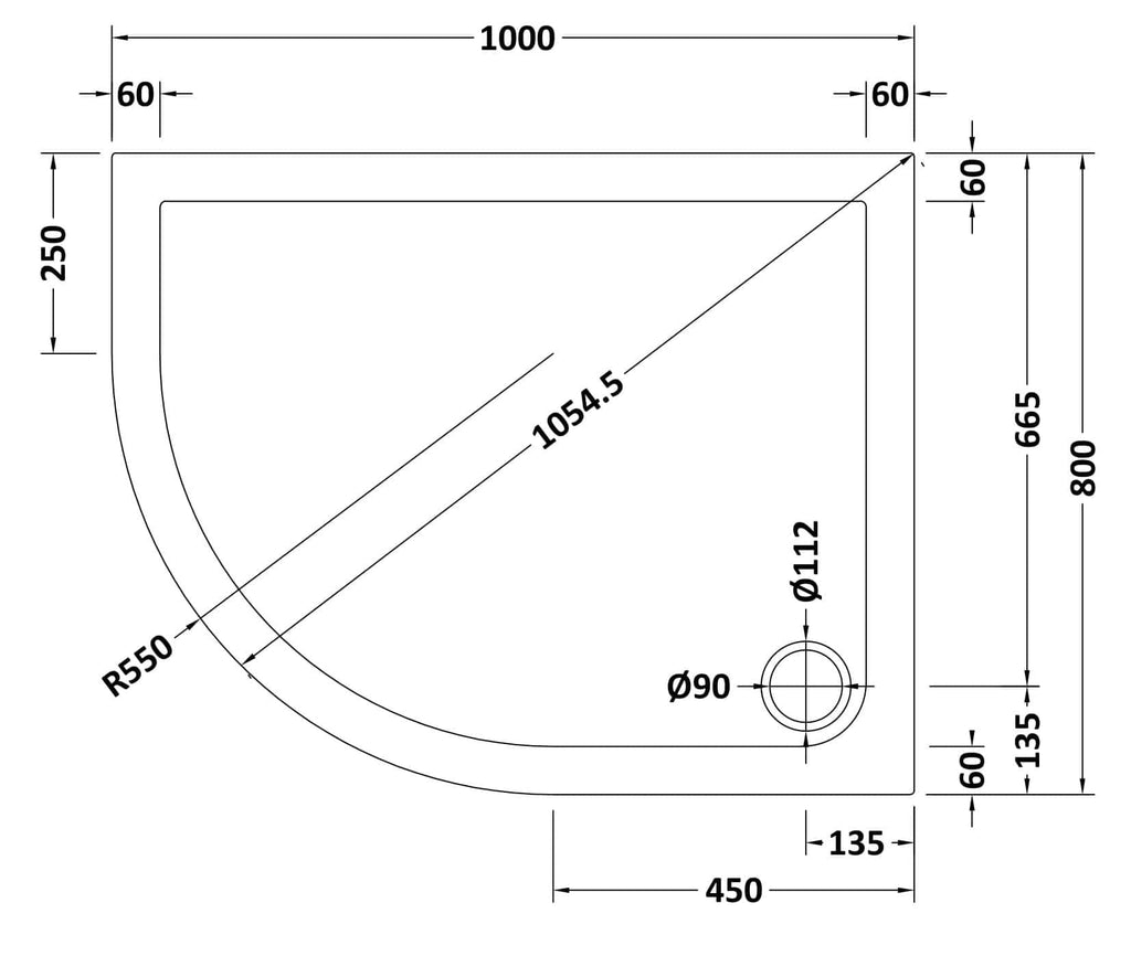 Stylish corner shower tray with detailed measurements, perfect for modern bathroom renovations. Made from durable materials, ideal for custom wet room solutions.