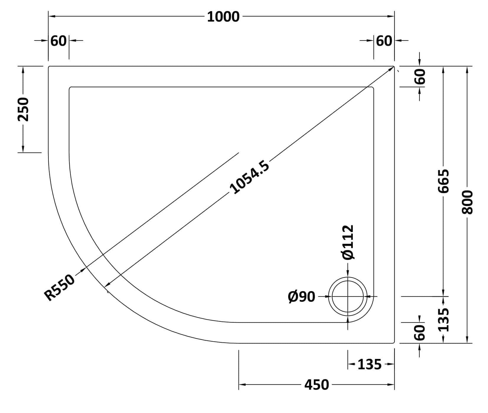Stylish corner shower tray with detailed measurements, perfect for modern bathroom renovations. Made from durable materials, ideal for custom wet room solutions.