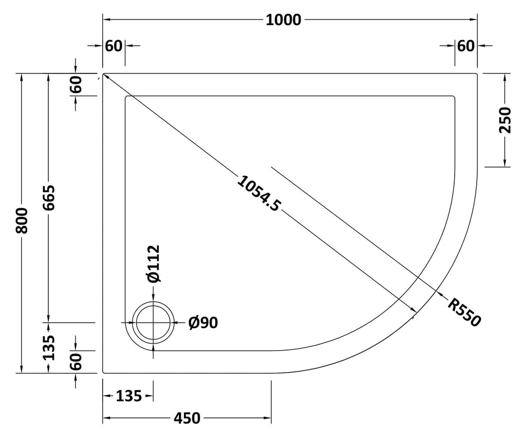Sleek corner shower tray with detailed measurements, ideal for modern bathroom renovations, featuring durable construction and space-saving design. Perfect for functional and contemporary bathroom spaces.