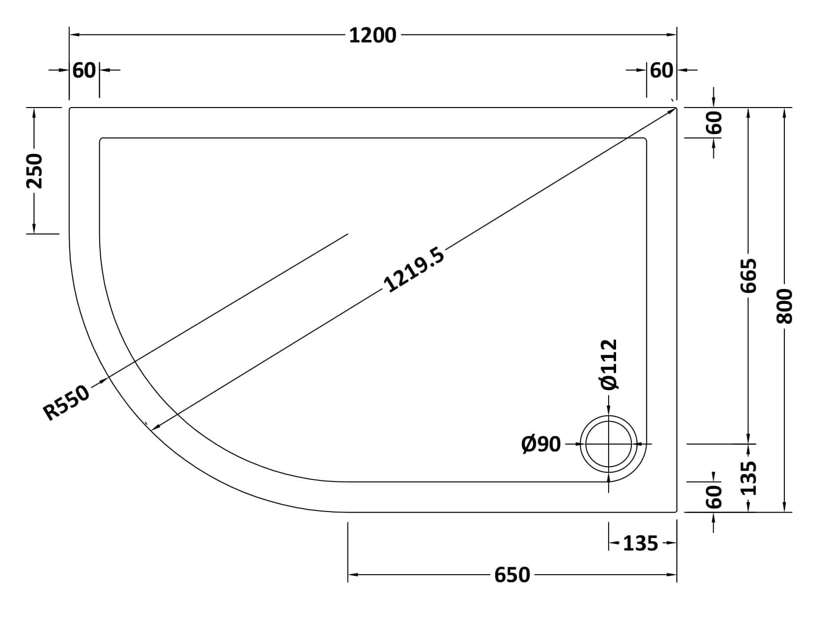 Schematic diagram of a modern shower tray with detailed measurements for bathroom renovation or installation.