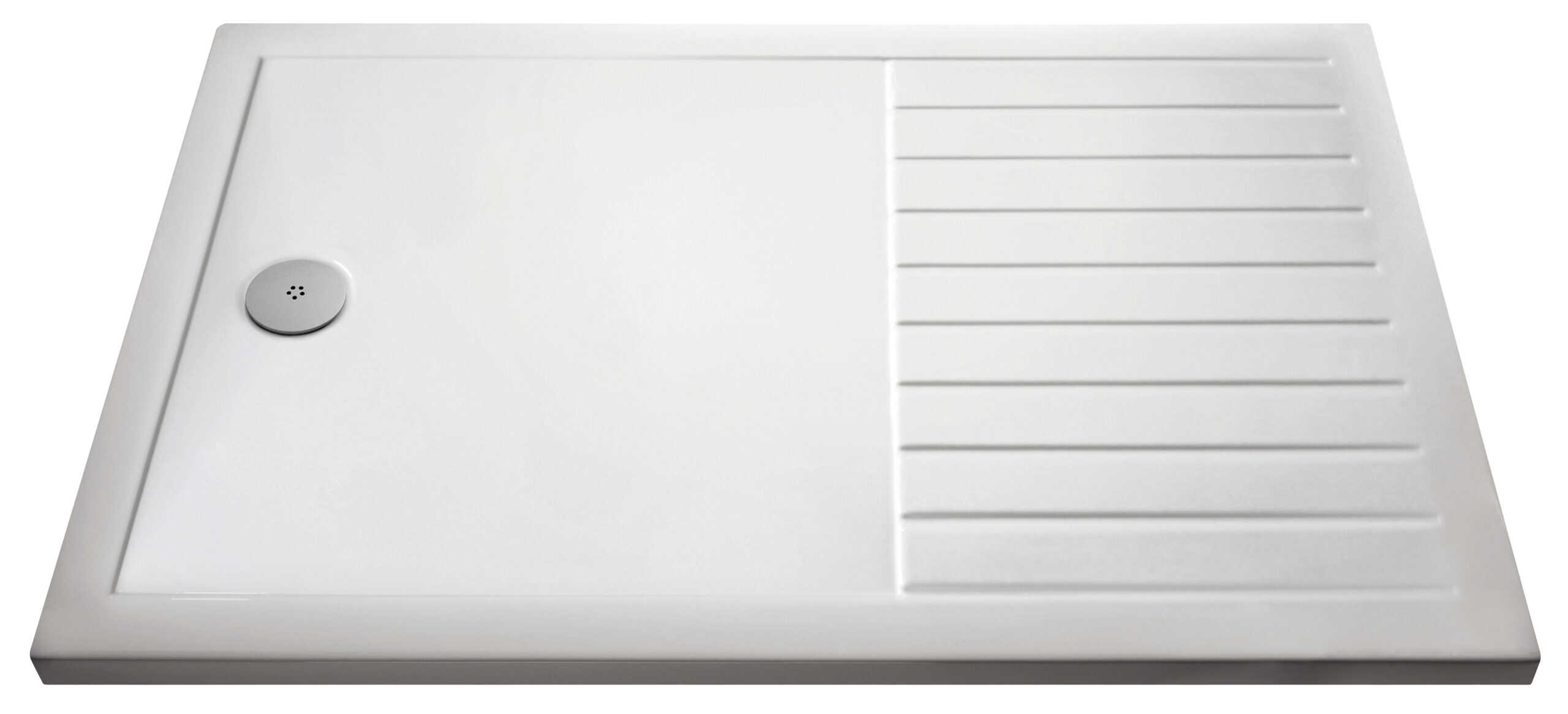 Sleek white shower tray with built-in drainage system, ideal for modern bathrooms for efficient water drainage and easy cleaning.