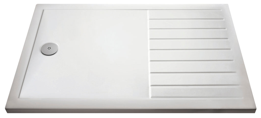White rectangular shower tray with textured sloped area for water drainage, including a central drain, designed for modern bathroom installations.