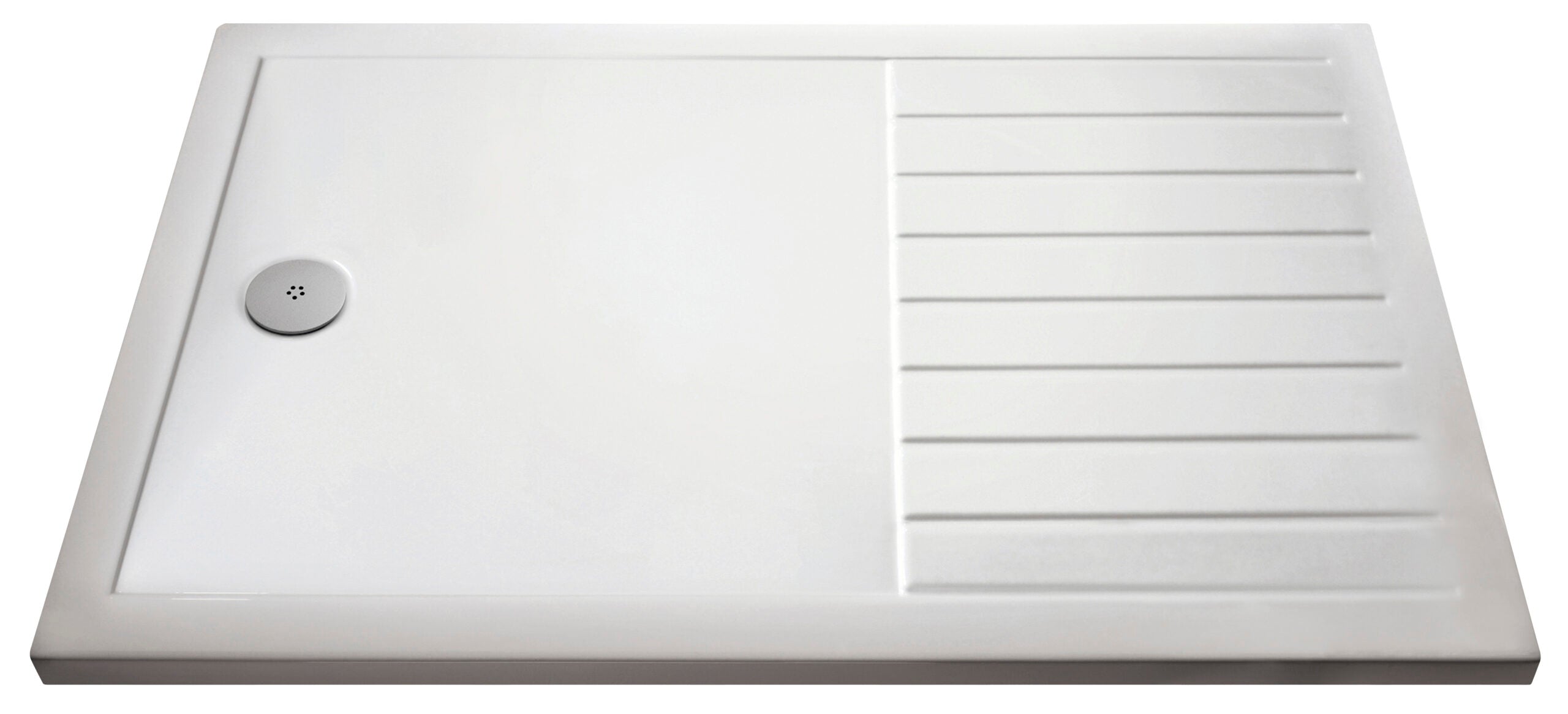 White rectangular shower tray with textured sloped area for water drainage, including a central drain, designed for modern bathroom installations.