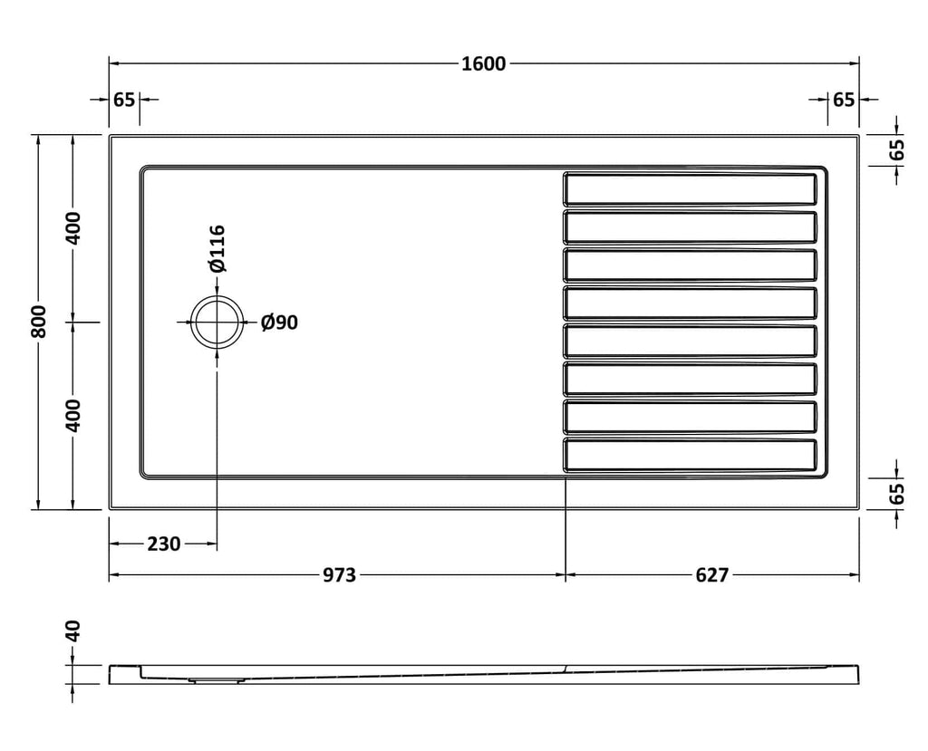 Sleek modern kitchen sink with integrated draining board, dimensions 1600mm by 800mm, featuring a central drain hole and multiple drainage slots for efficient water flow, perfect for contemporary kitchens.