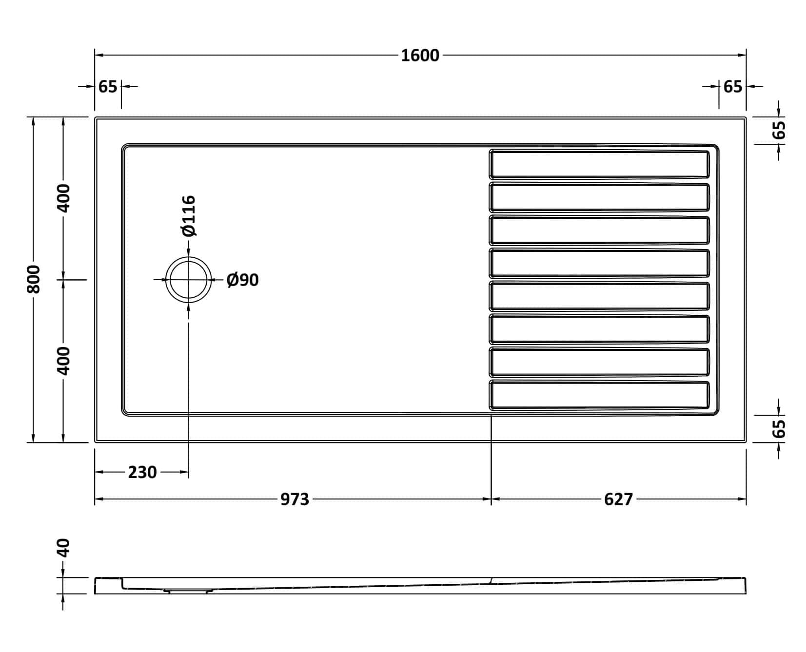 Sleek modern kitchen sink with integrated draining board, dimensions 1600mm by 800mm, featuring a central drain hole and multiple drainage slots for efficient water flow, perfect for contemporary kitchens.