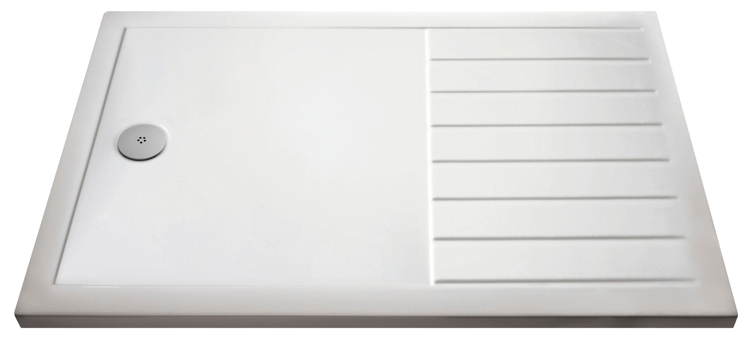 Bright white shower tray with anti-slip surface and integrated drainage for modern bathroom safety and functionality.