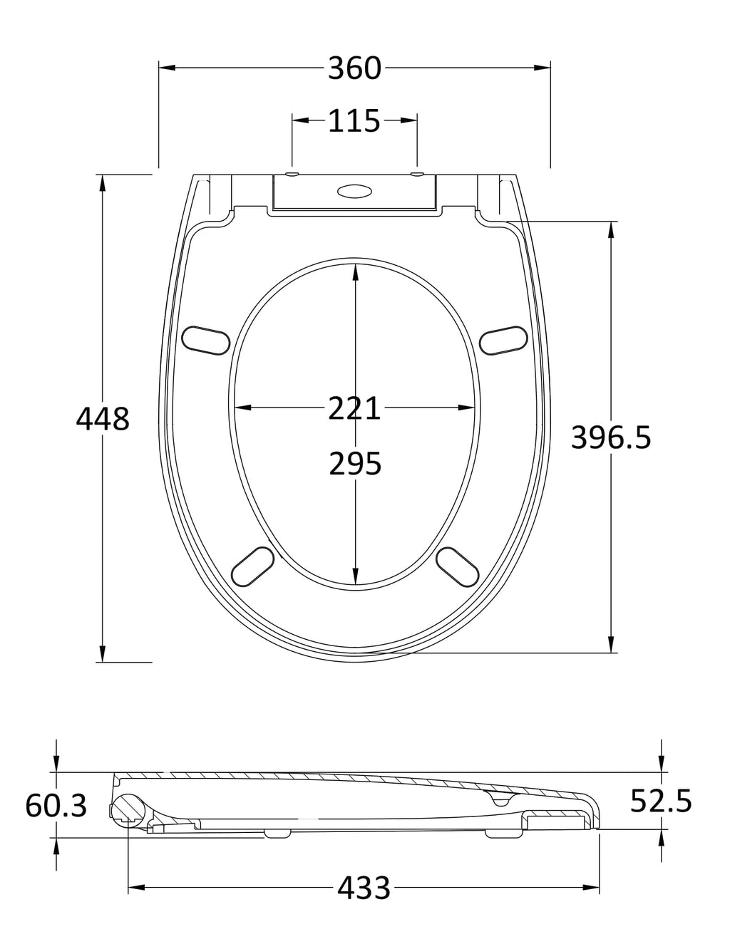 Toilet seat technical drawing with precise measurements for bathroom renovation and design.
