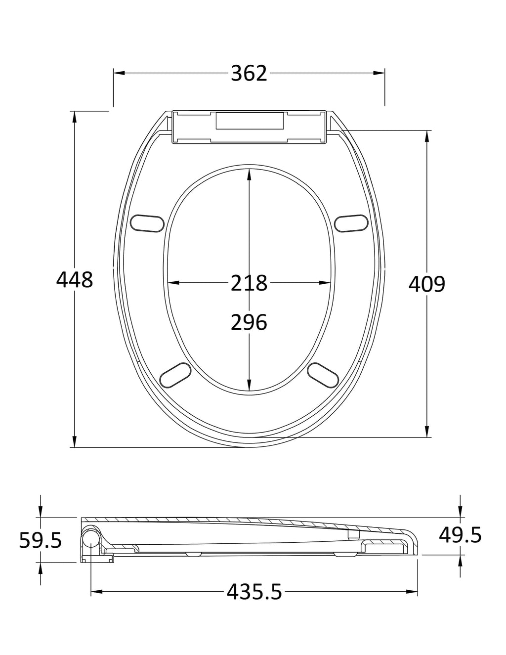 Modern toilet seat with detailed technical dimensions for bathroom renovation and design.
