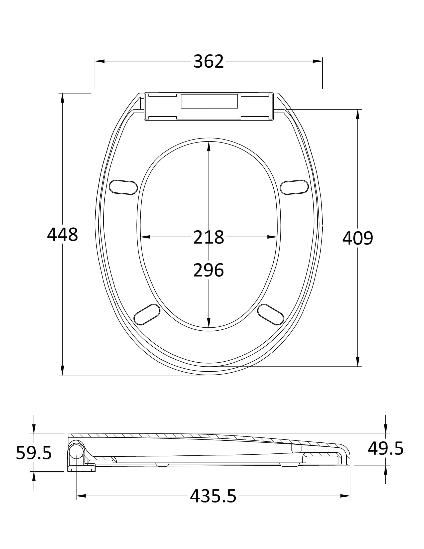 Modern toilet seat with detailed technical dimensions for bathroom renovation and design.