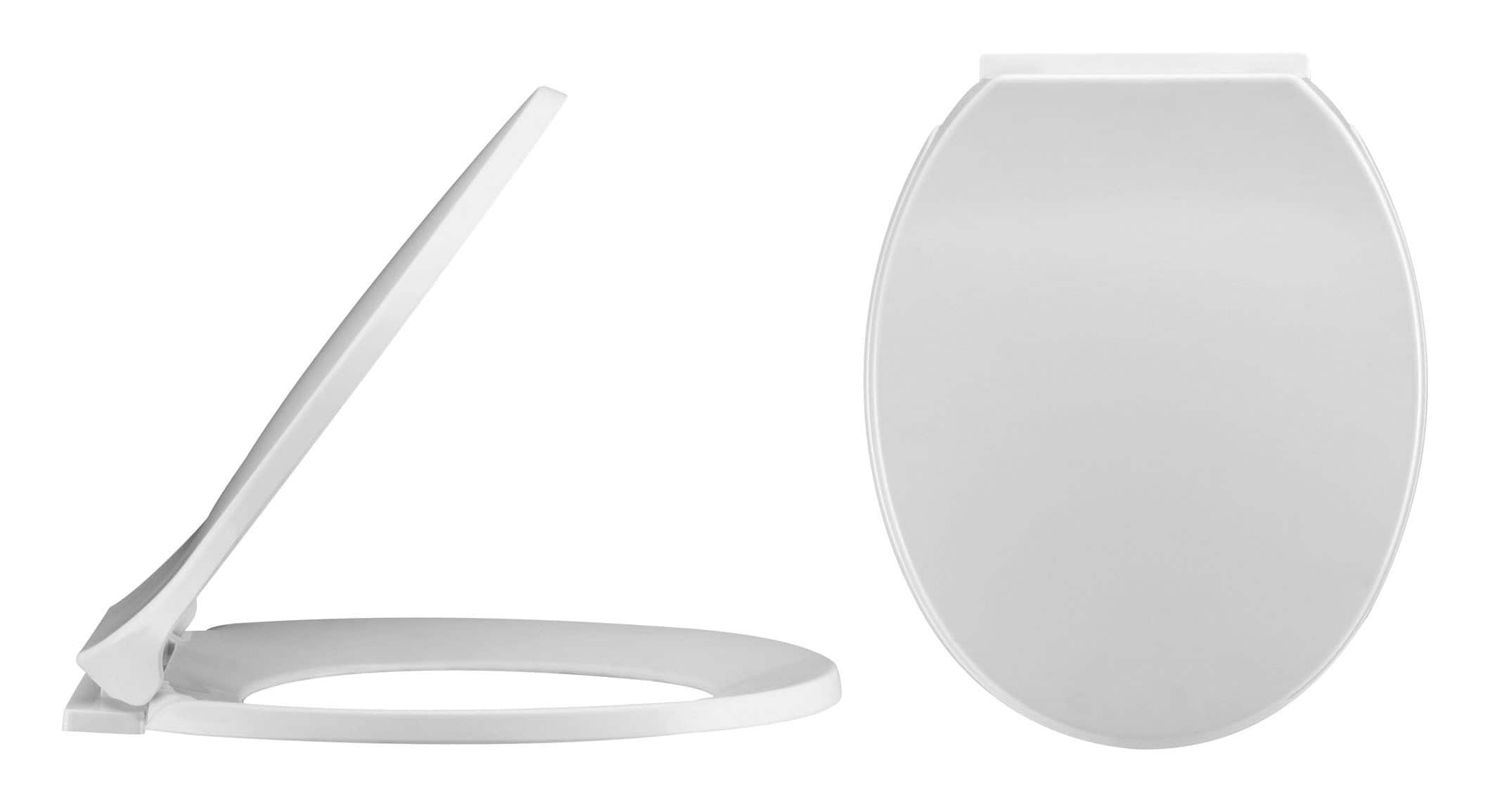Sleek white modern toilet seat with soft-close lid, ideal for contemporary bathrooms, providing comfort and hygiene with easy installation and maintenance.