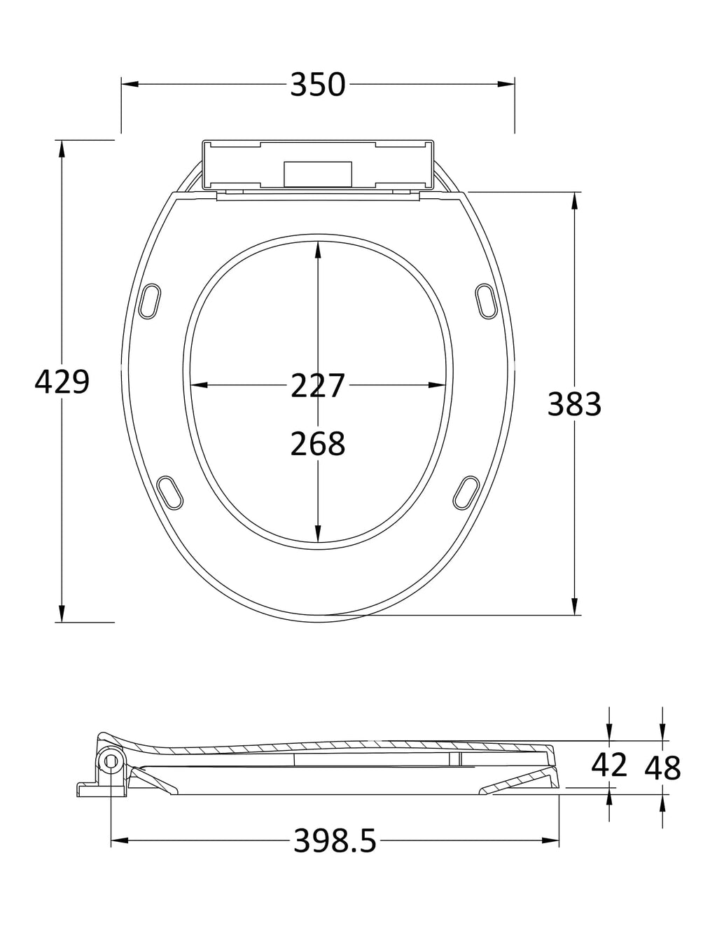 Ergonomic toilet seat with detailed dimensions, suitable for bathroom renovation projects, designed for comfort and functionality.