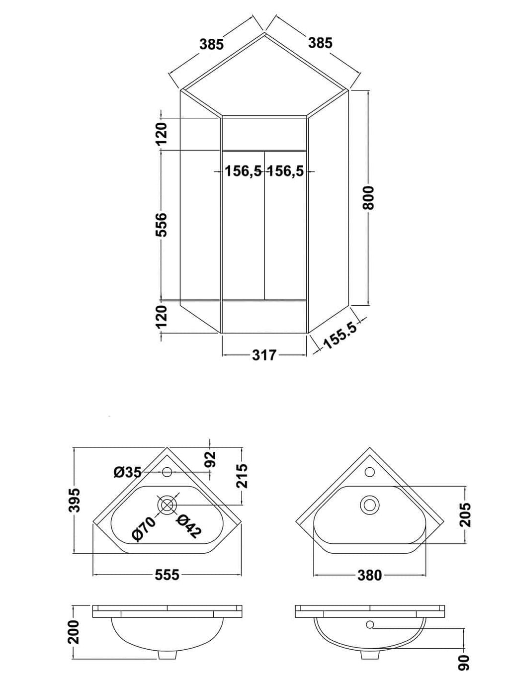 Schematic drawing of bathroom corner cabinet with detailed dimensions for furniture installation and space planning.