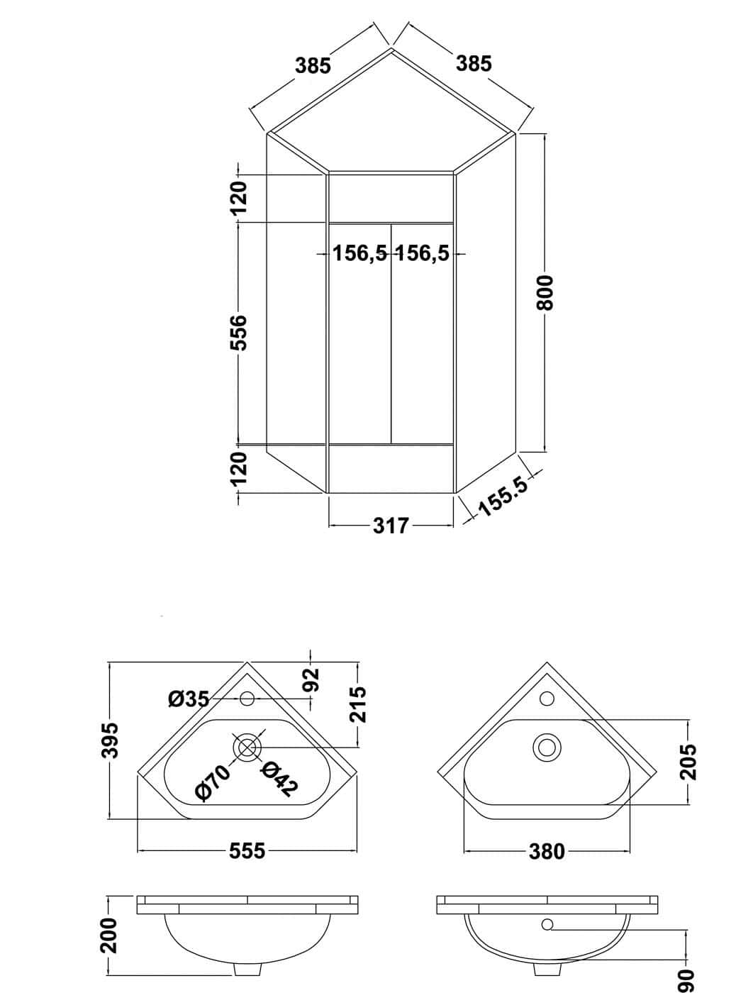 Schematic drawing of bathroom corner cabinet with detailed dimensions for furniture installation and space planning.