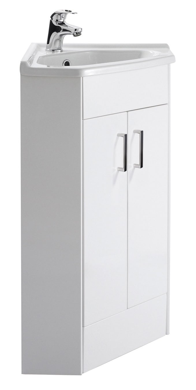 White bathroom vanity with integrated sink and chrome faucet, ideal for modern bathrooms. Sturdy cabinet with two doors for convenient storage solutions in contemporary bathroom designs.