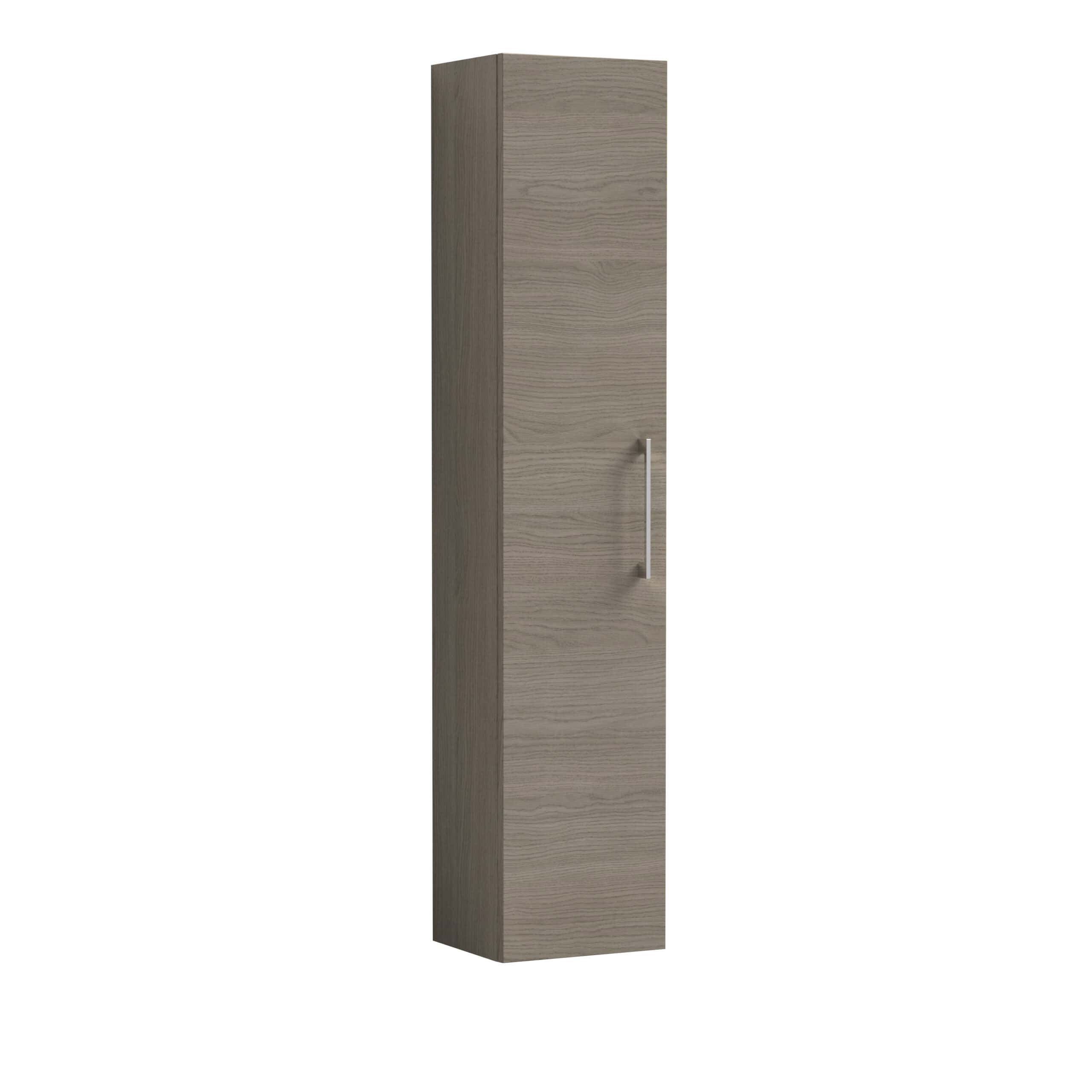 Sleek grey wood-effect bathroom storage cabinet with a modern silver handle, ideal for organising toiletries and essentials in contemporary bathroom interiors.