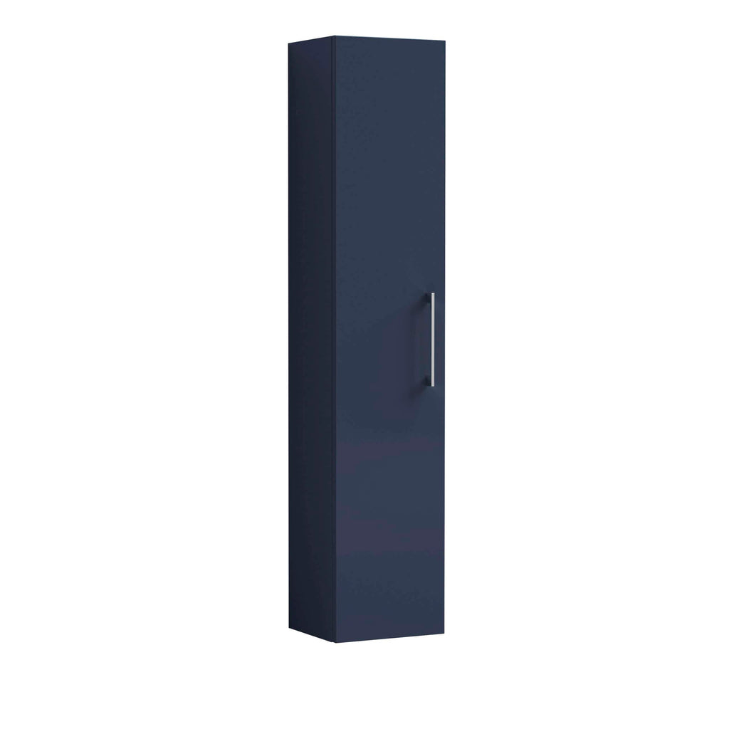 Wardrobe storage cabinet for bathroom and toilet organisation, navy blue finish with sleek metal handle, modern bathroom storage solution by Bubly Bathrooms.