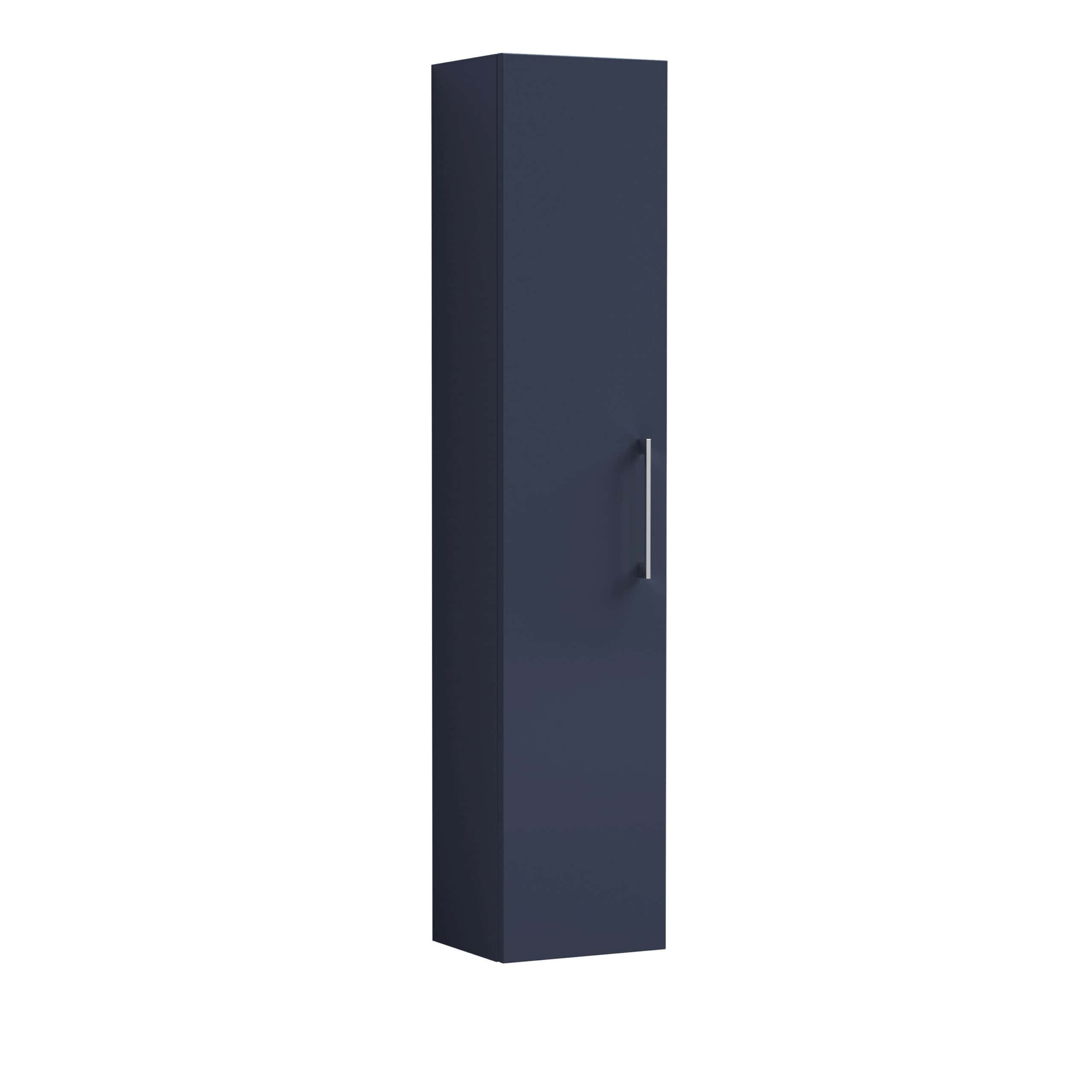 Wardrobe storage cabinet for bathroom and toilet organisation, navy blue finish with sleek metal handle, modern bathroom storage solution by Bubly Bathrooms.