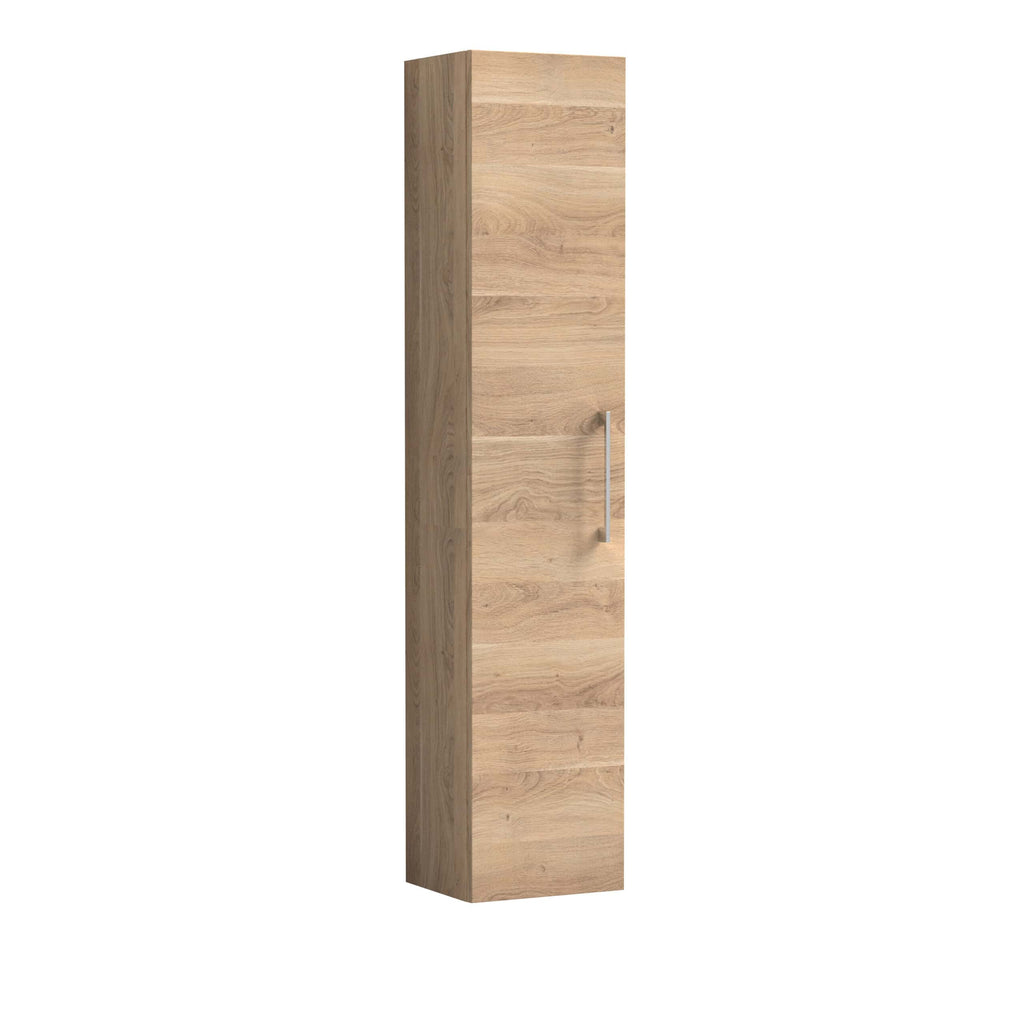 Natural oak bathroom storage cabinet with sleek silver handle, modern design, durable wood finish, perfect for organised bathroom essentials.