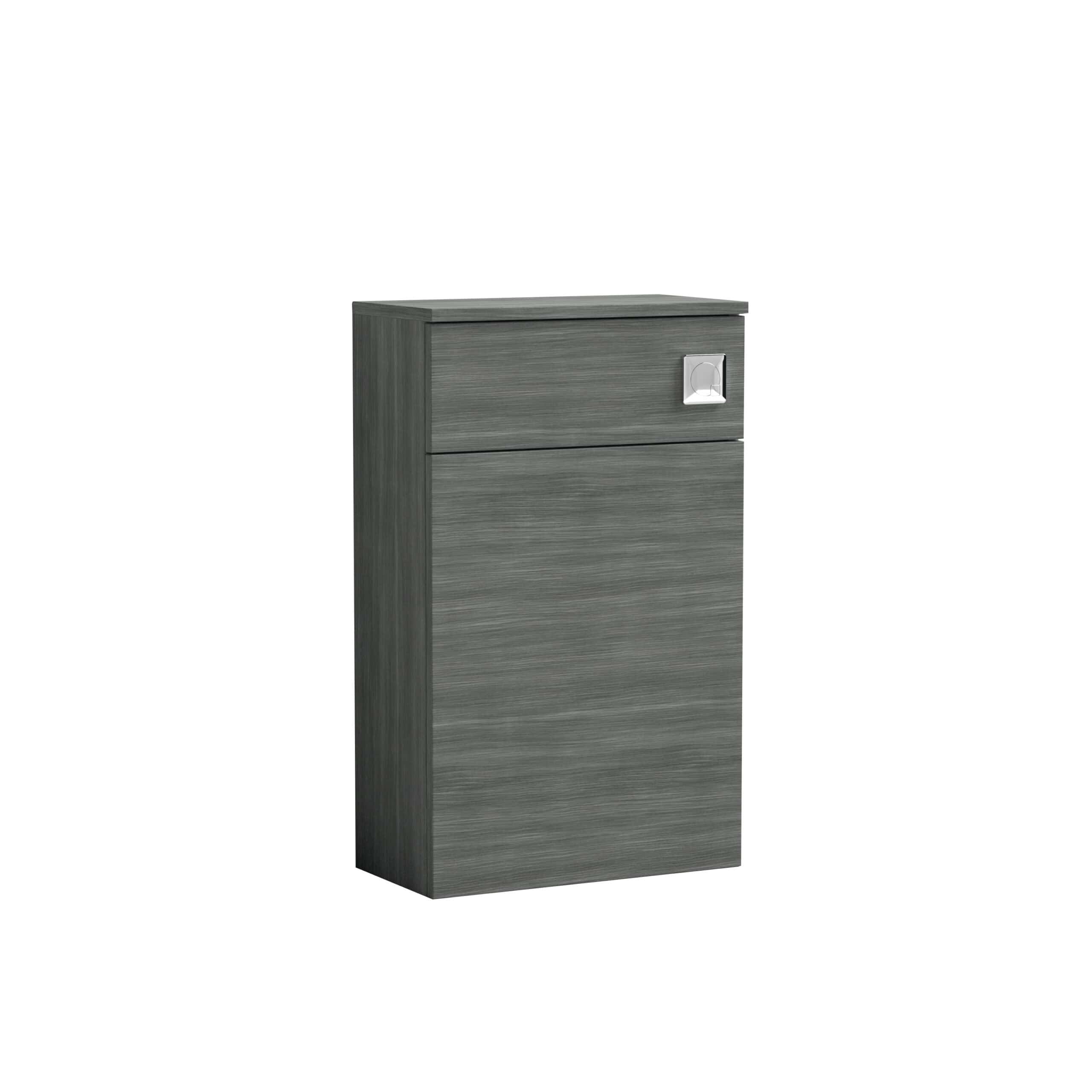 Sleek grey bathroom cabinet with a modern design, featuring a concealed soft-close drawer and ample storage space for a functional bathroom setup.