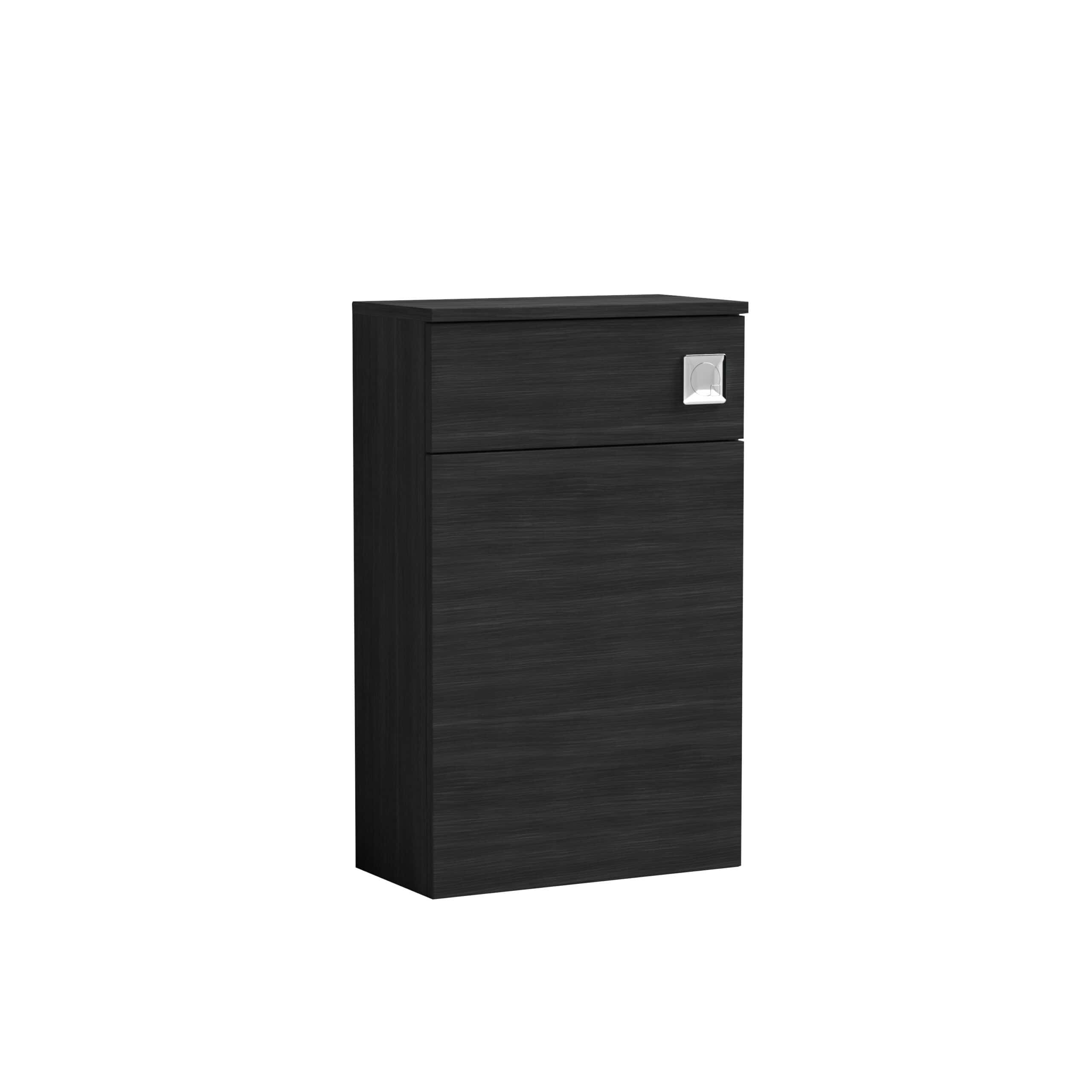Sleek black bathroom cabinet with storage drawers and modern silver handle, ideal for bathroom organisation and accessories. Durable, stylish design perfect for contemporary bathrooms.