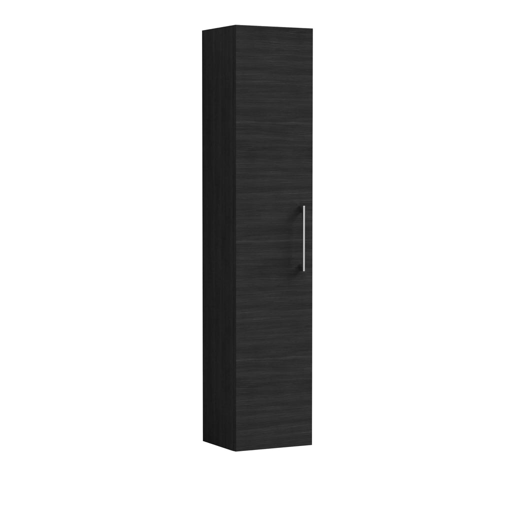Stylish black bathroom storage cabinet with sleek aluminium handle, ideal for organised bathroom display, modern design, space-saving, durable finish.