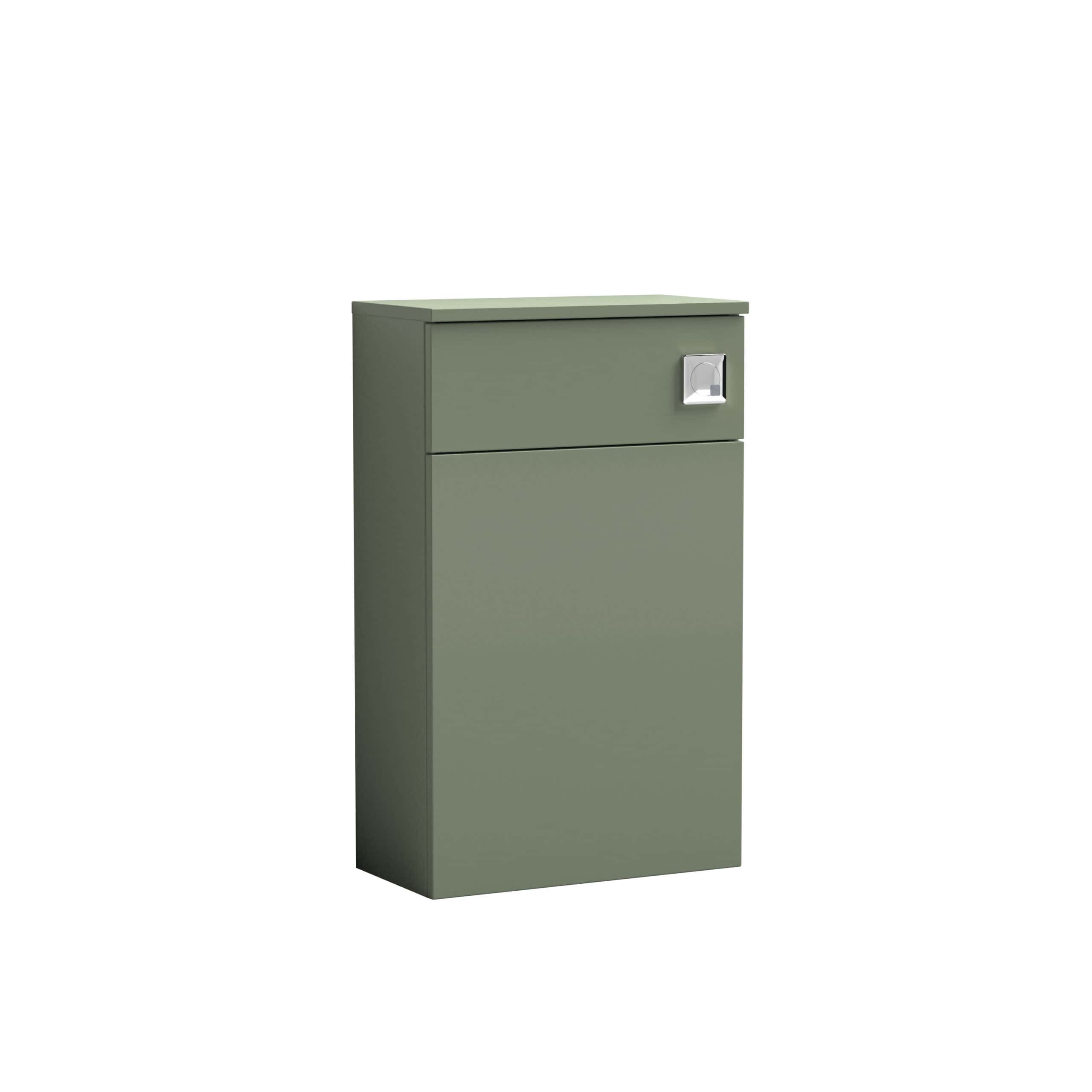 Minimalist sage green bathroom cabinet with sleek handle, designed for modern bathroom storage solutions. Durable unit perfect for organising toiletries and bathroom essentials.