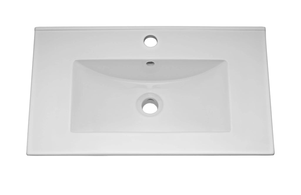Sleek white bathroom sink with integrated tap hole and spacious rectangular basin, perfect for modern bathroom renovations and washroom upgrades.
