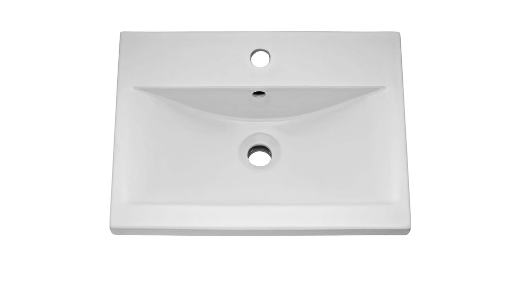 Sleek white bathroom sink with modern design, pre-drilled for tap installation, ideal for contemporary bathrooms. Perfect for upgrading or renovating bathroom spaces with high-quality fixtures.