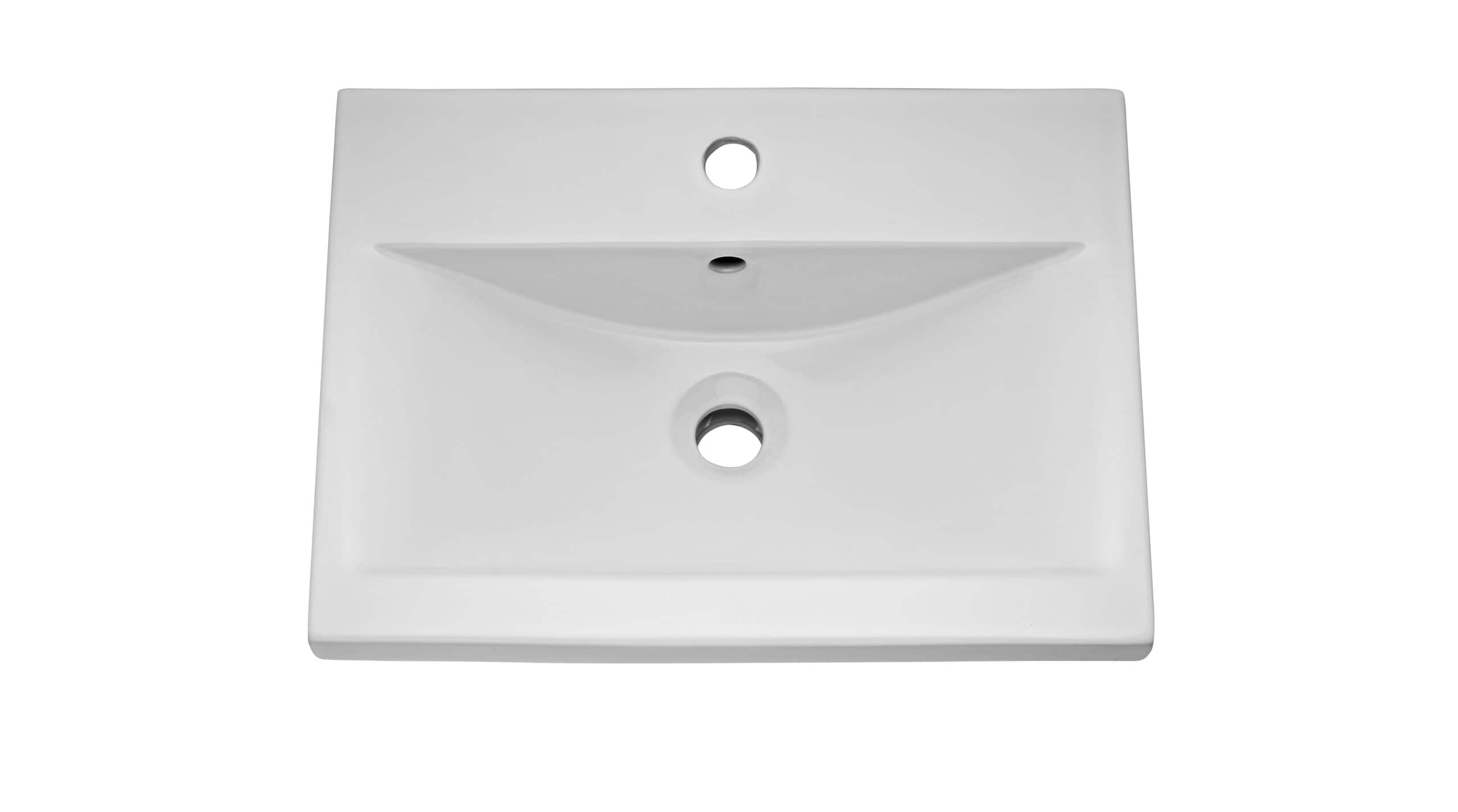 Sleek white bathroom sink with modern design, pre-drilled for tap installation, ideal for contemporary bathrooms. Perfect for upgrading or renovating bathroom spaces with high-quality fixtures.