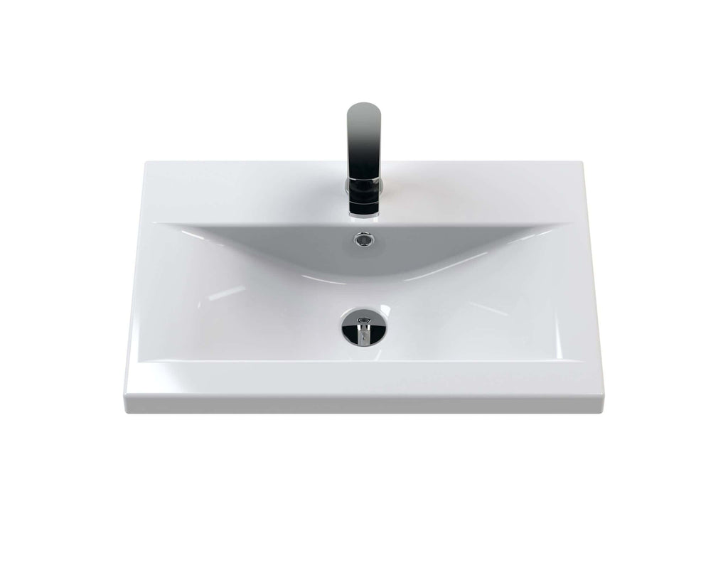Sleek white bathroom sink with modern chrome tap and integrated drain, designed for contemporary bathroom remodels and installations. Perfect for stylish and functional bathroom spaces.