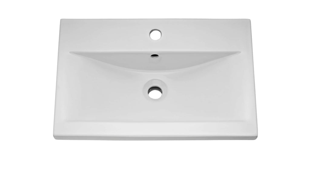 Modern white bathroom sink with integrated overflow, suitable for contemporary bathroom designs. Perfect for installation with a countertop or vanity, providing a sleek and functional washbasin solution.