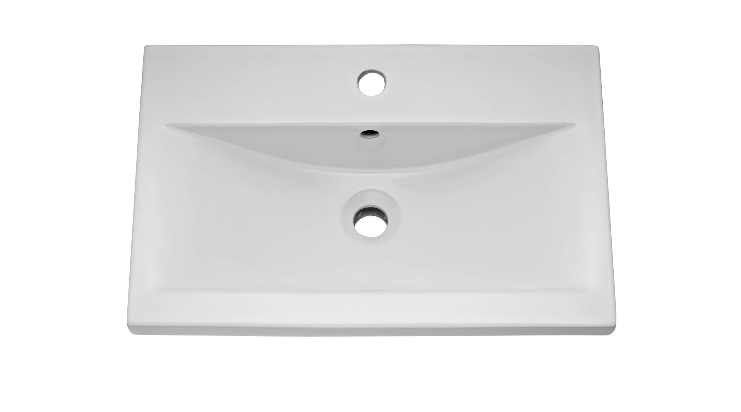 Modern white bathroom sink with integrated overflow, suitable for contemporary bathroom designs. Perfect for installation with a countertop or vanity, providing a sleek and functional washbasin solution.