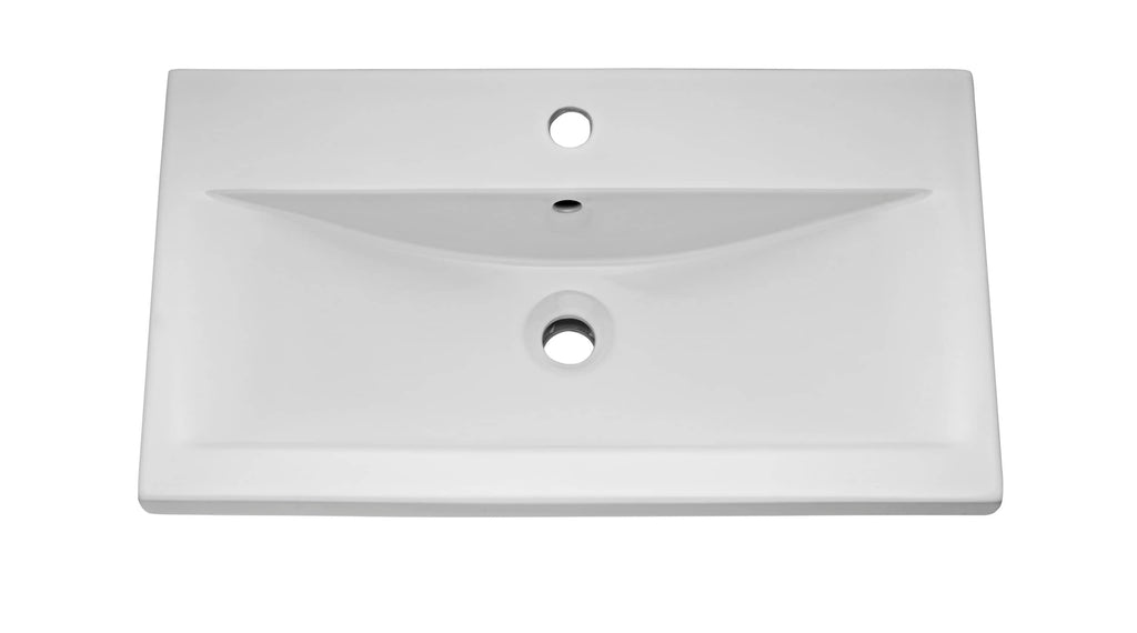 Sleek white bathroom sink with a modern rectangular design, featuring a smooth surface, central drain, and pre-drilled tap hole for contemporary bathroom installations.