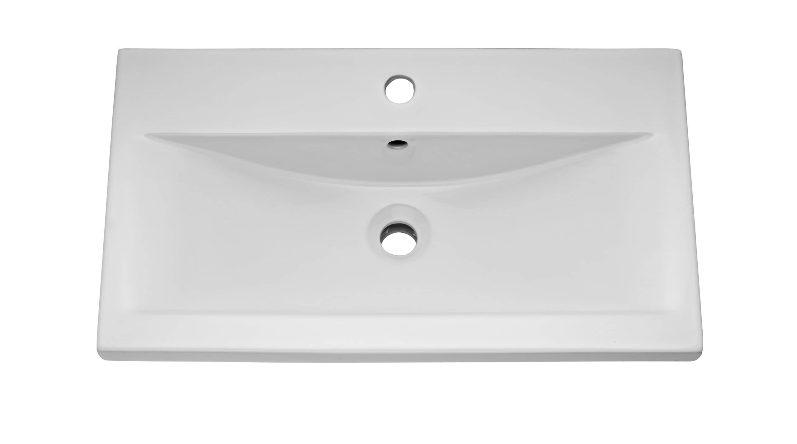 Sleek white bathroom sink with a modern rectangular design, featuring a smooth surface, central drain, and pre-drilled tap hole for contemporary bathroom installations.