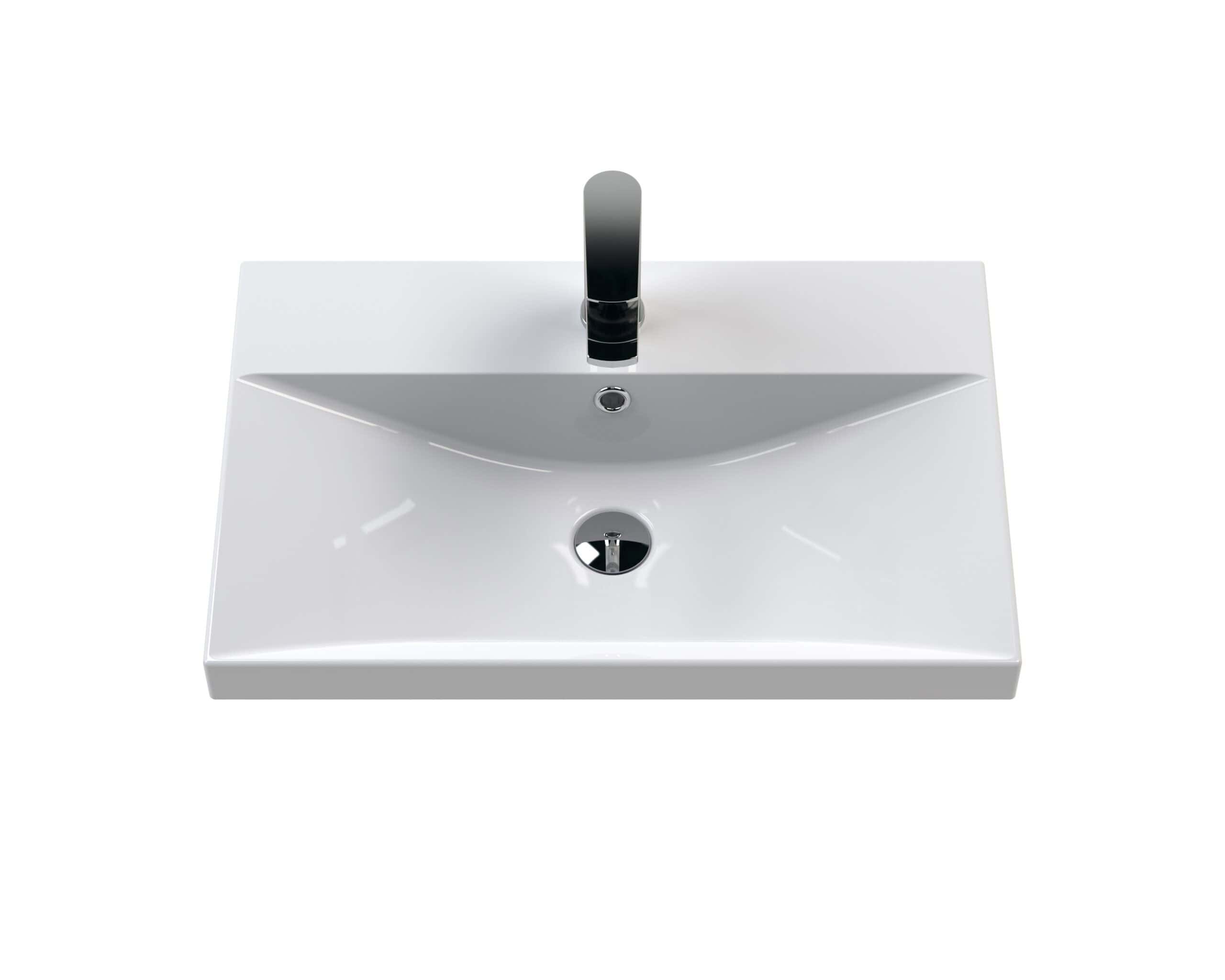 Minimalist white bathroom sink with modern black faucet, sleek design, glossy finish, ceramic material, and integrated drain, ideal for contemporary bathroom decor.